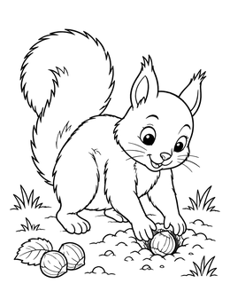 Free printable Cute Squirrel Burying Hazelnuts coloring page