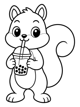 Free printable Cute Squirrel Drinking Boba Tea coloring page