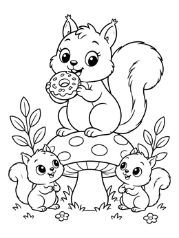 A sweet squirrel coloring page with a cartoon squirrel eating a donut atop a mushroom.