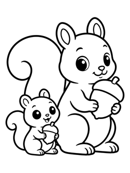 Free printable Cute Squirrel Family With Acorns coloring page