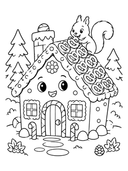 Free printable Cute Squirrel On Gingerbread House coloring page