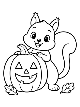 A cheerful squirrel coloring page next to a carved jack-o-lantern pumpkin.