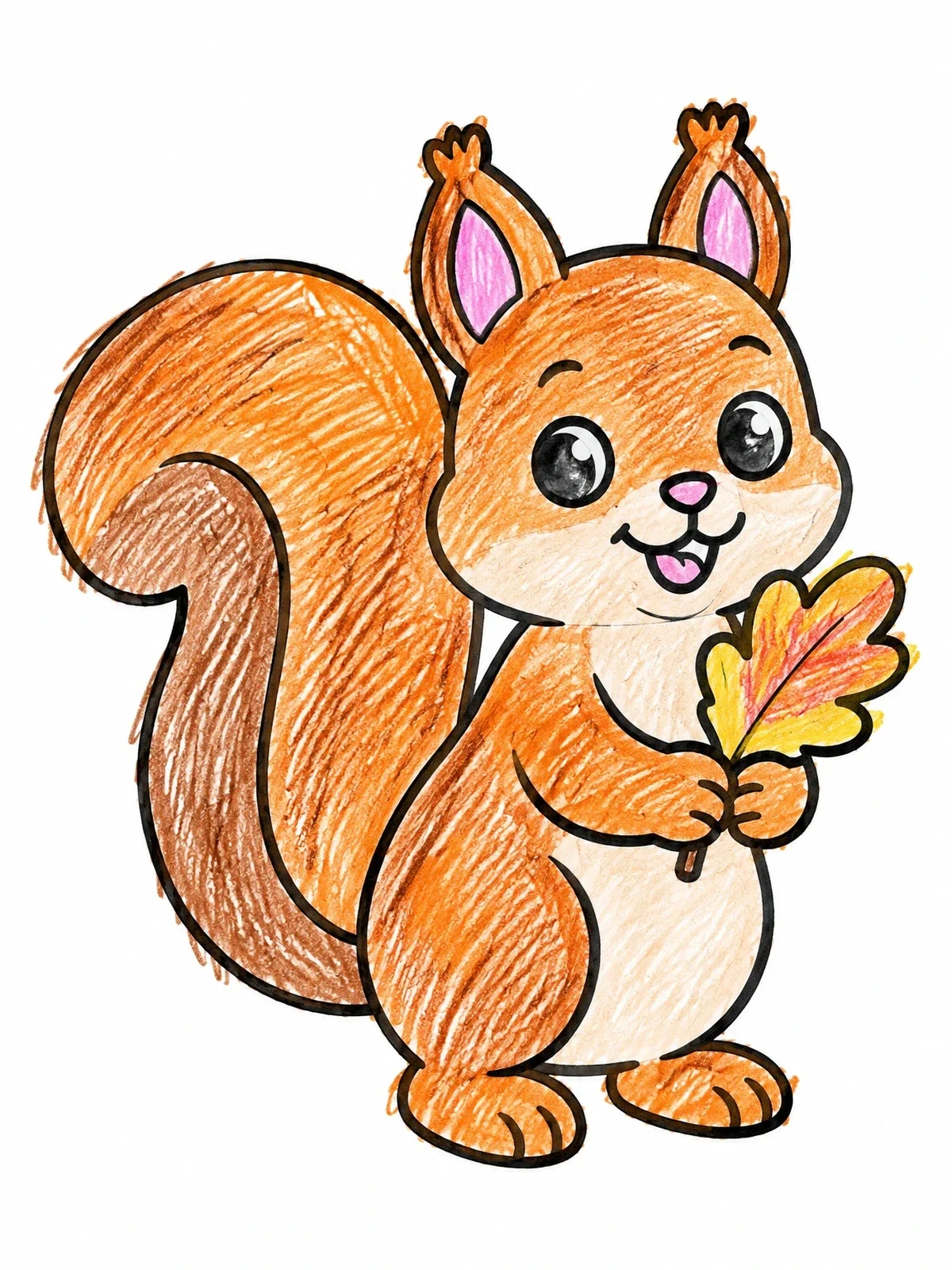 Colored example of the Cute Squirrel Holding An Oak Leaf coloring page