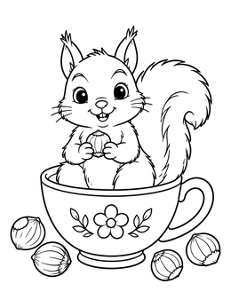 A cheerful squirrel coloring page sitting in a floral teacup with hazelnuts around.