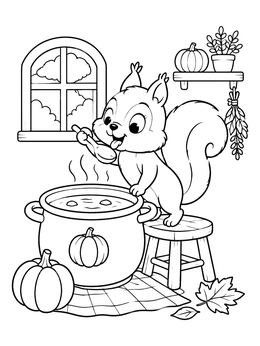 Free printable Cute Squirrel Cooking Pumpkin Soup coloring page