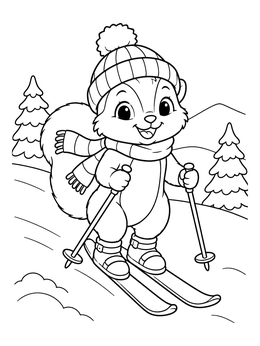 A cheerful cartoon squirrel enjoying winter slopes in this skiing coloring page.