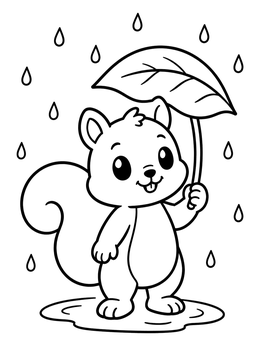 A squirrel coloring page featuring a cute squirrel holding a leaf umbrella in the rain.