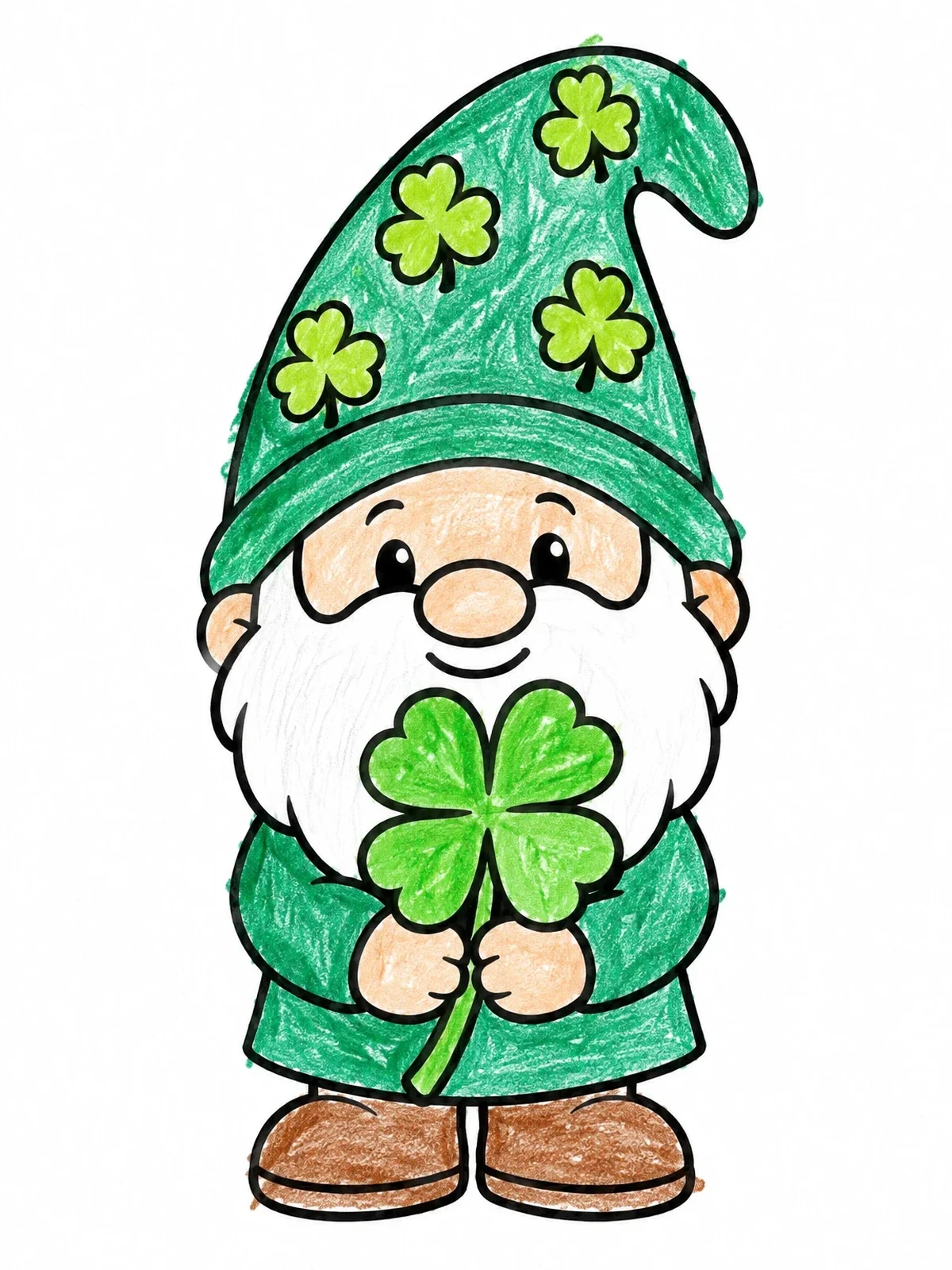 Colored example of the Cute Gnome Holding Lucky Clover coloring page