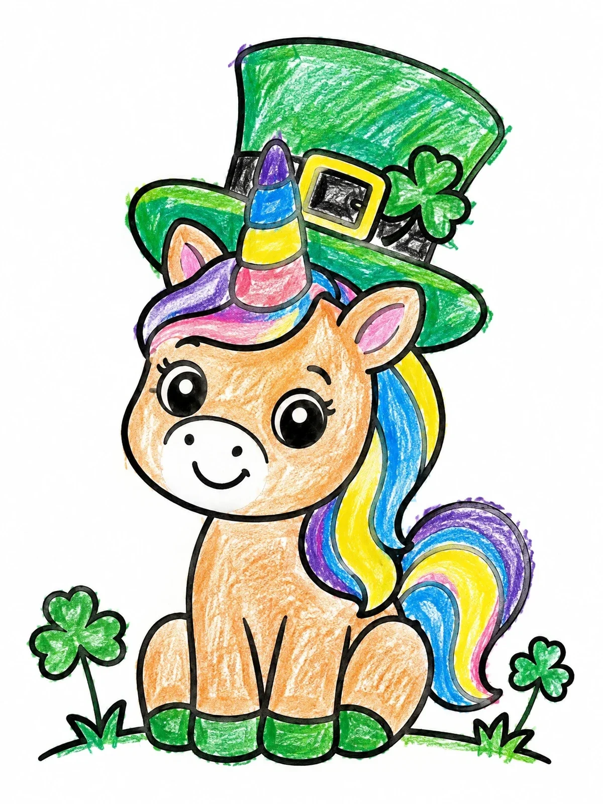 Colored example of the Cute Unicorn With Leprechaun Hat coloring page