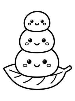 Three smiling round rice cakes on a leaf in this mochi coloring page.