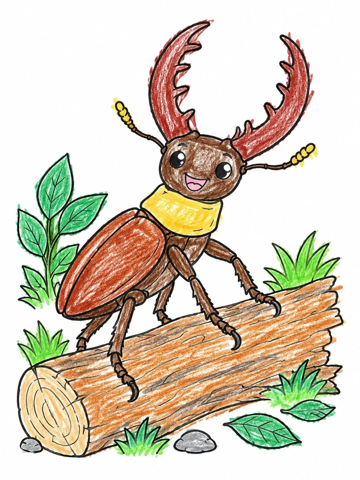 Colored example of the Happy Stag Beetle On Log coloring page