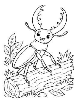 Free printable Happy Stag Beetle On Log coloring page