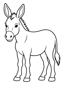A friendly standing donkey coloring page with clear black outlines for young artists.