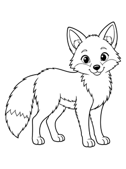 A friendly standing fox coloring page with a bushy tail and big eyes.