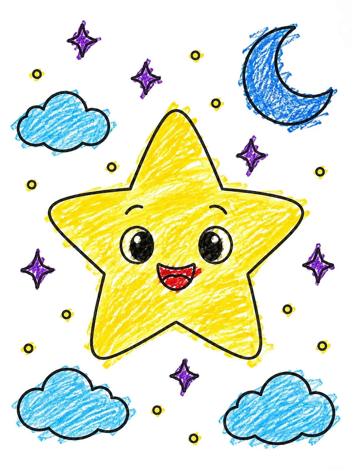 Colored example of the Cute Star With Moon And Clouds coloring page