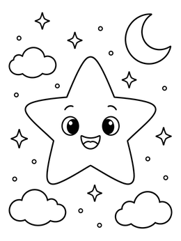 Free printable Cute Star With Moon And Clouds coloring page