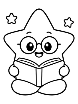 A cute star coloring page featuring a smiling star wearing glasses and reading a book.