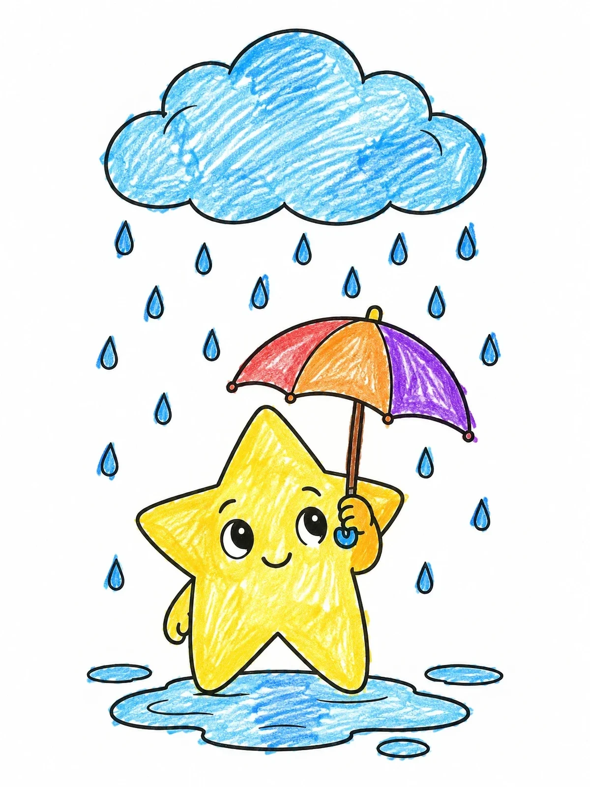 Colored example of the Cute Star With Umbrella In The Rain coloring page