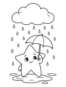 A smiling star coloring page holding an umbrella in a puddle under a rain cloud.