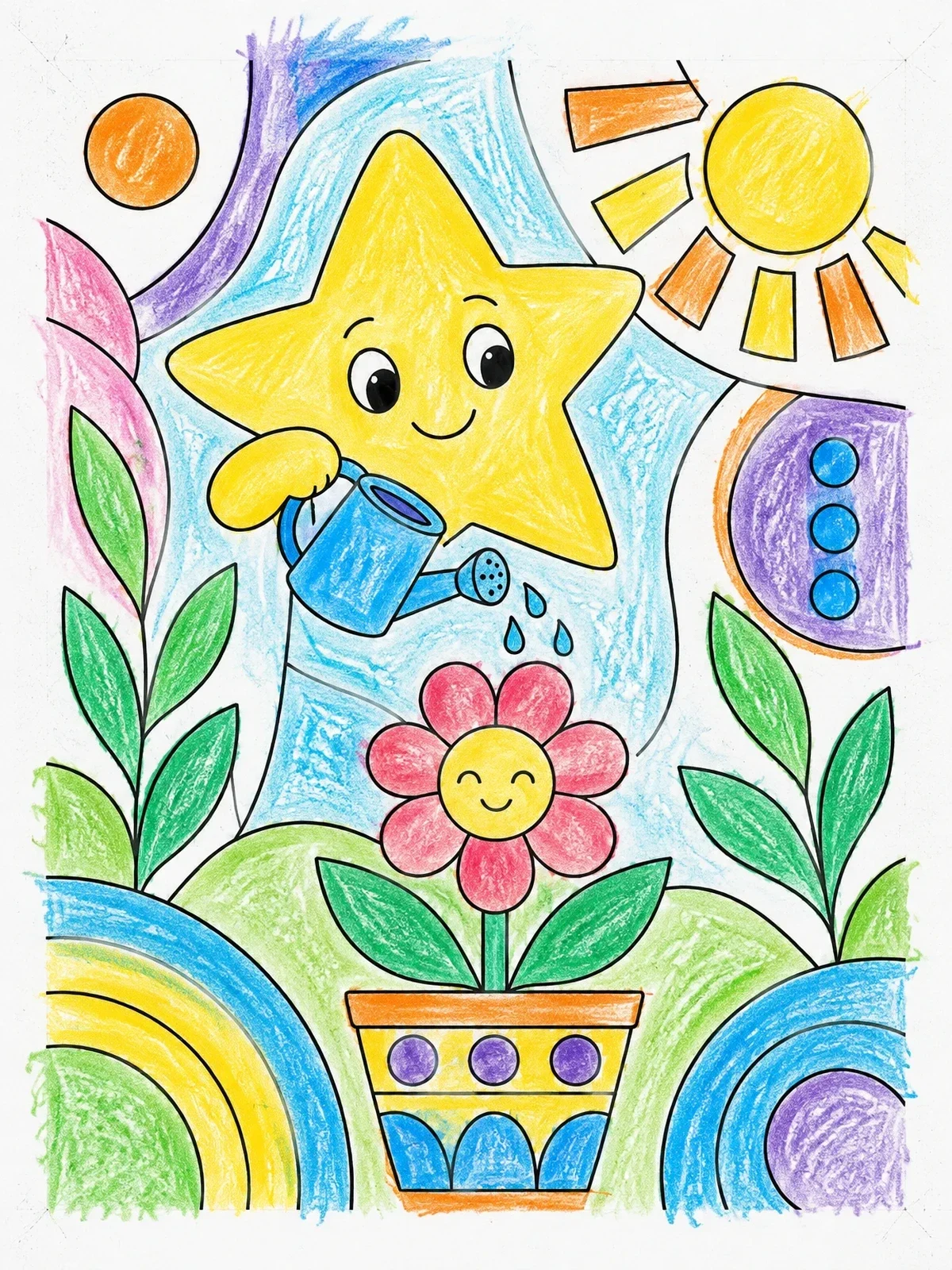 Colored example of the Cute Star Watering A Flower coloring page