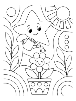 A friendly star watering a potted plant in this star coloring page.