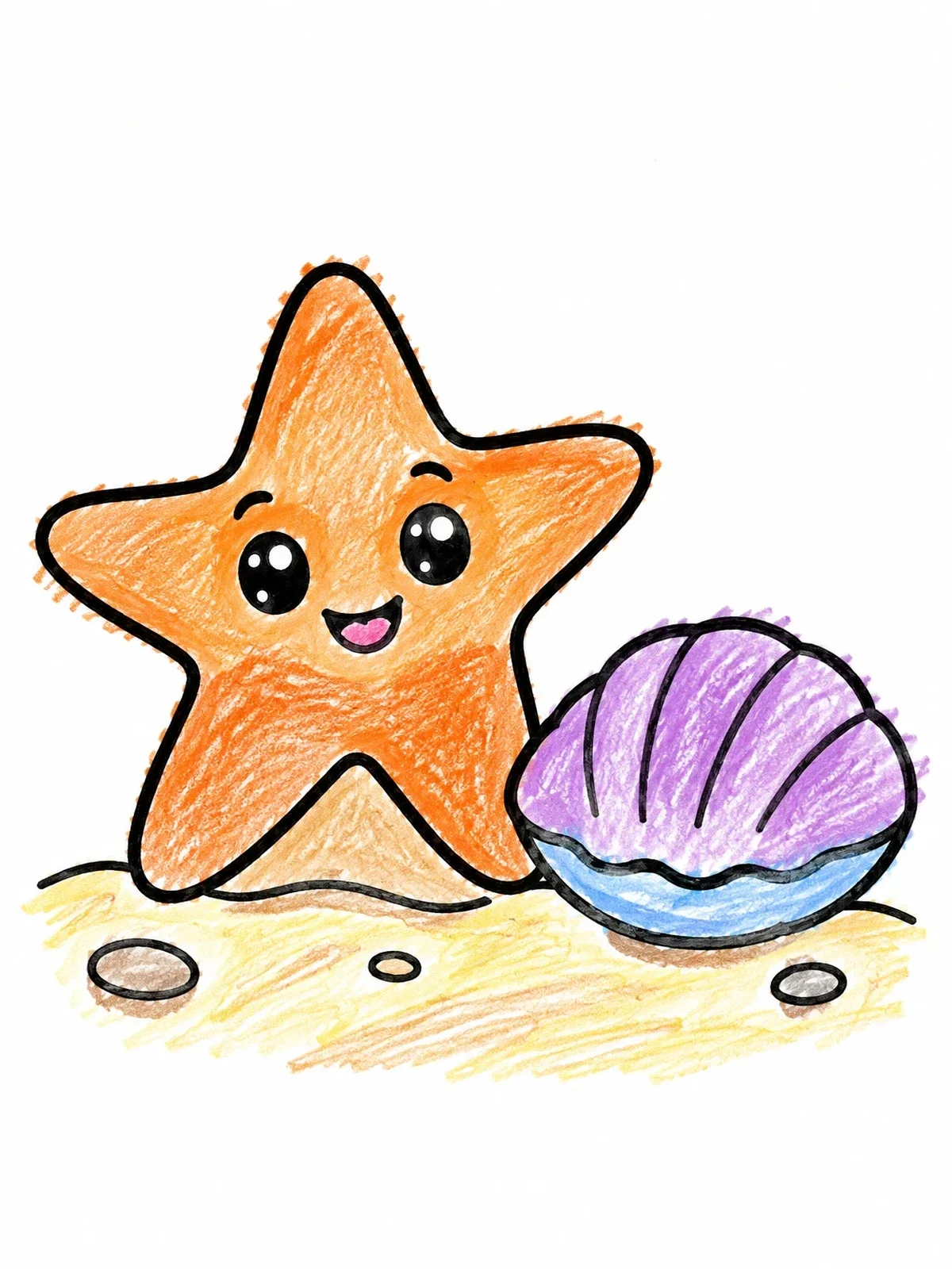 Colored example of the Cute Starfish And Seashell On The Beach coloring page