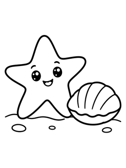 Free printable Cute Starfish And Seashell On The Beach coloring page
