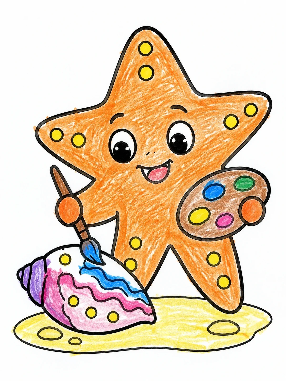 Colored example of the Cute Starfish Artist Painting A Shell coloring page