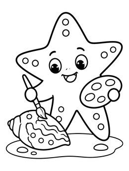 A cheerful starfish coloring page showing a sea star holding a palette and brush to paint a seashell.