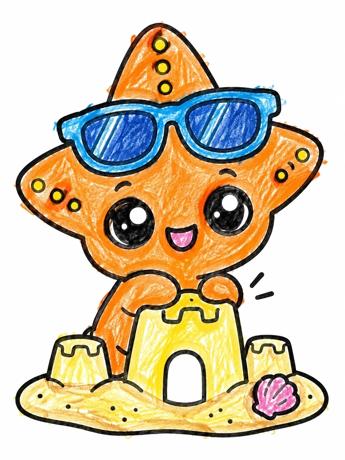 Colored example of the Cute Starfish Building A Sandcastle coloring page