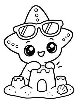 A cute starfish coloring page featuring sunglasses and a sandcastle.