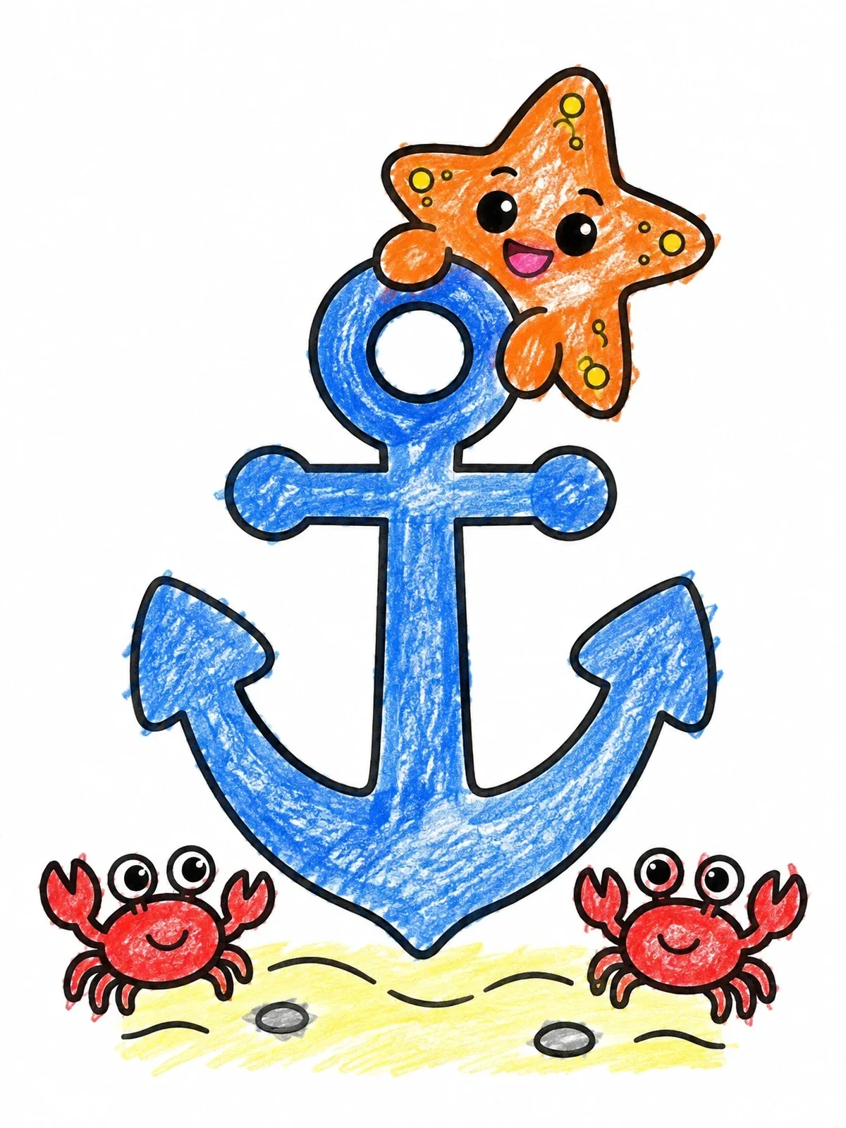 Colored example of the Cute Starfish And Crabs With Anchor coloring page