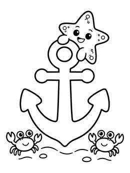 Free printable Cute Starfish And Crabs With Anchor coloring page