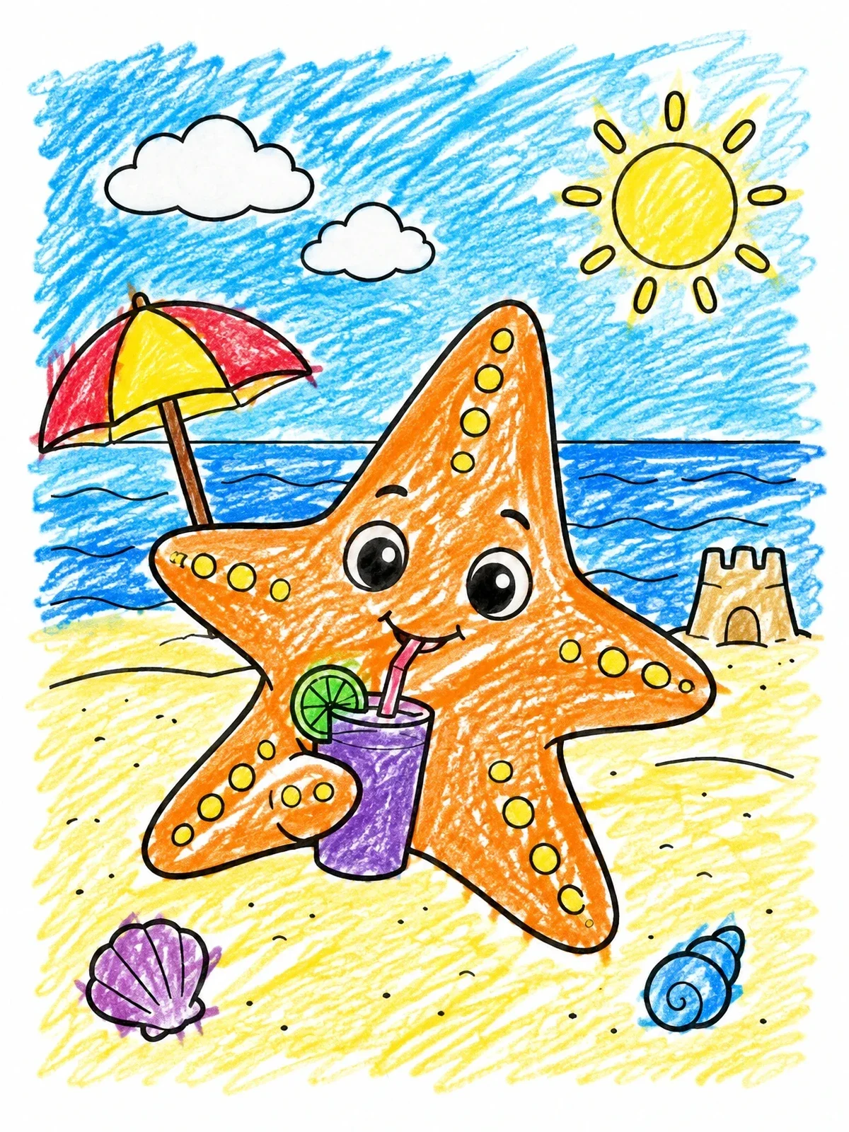 Colored example of the Cute Starfish Drinking Juice On Beach coloring page