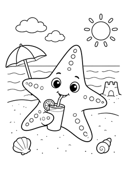 A cheerful cartoon starfish coloring page with a juice glass on a sunny beach.