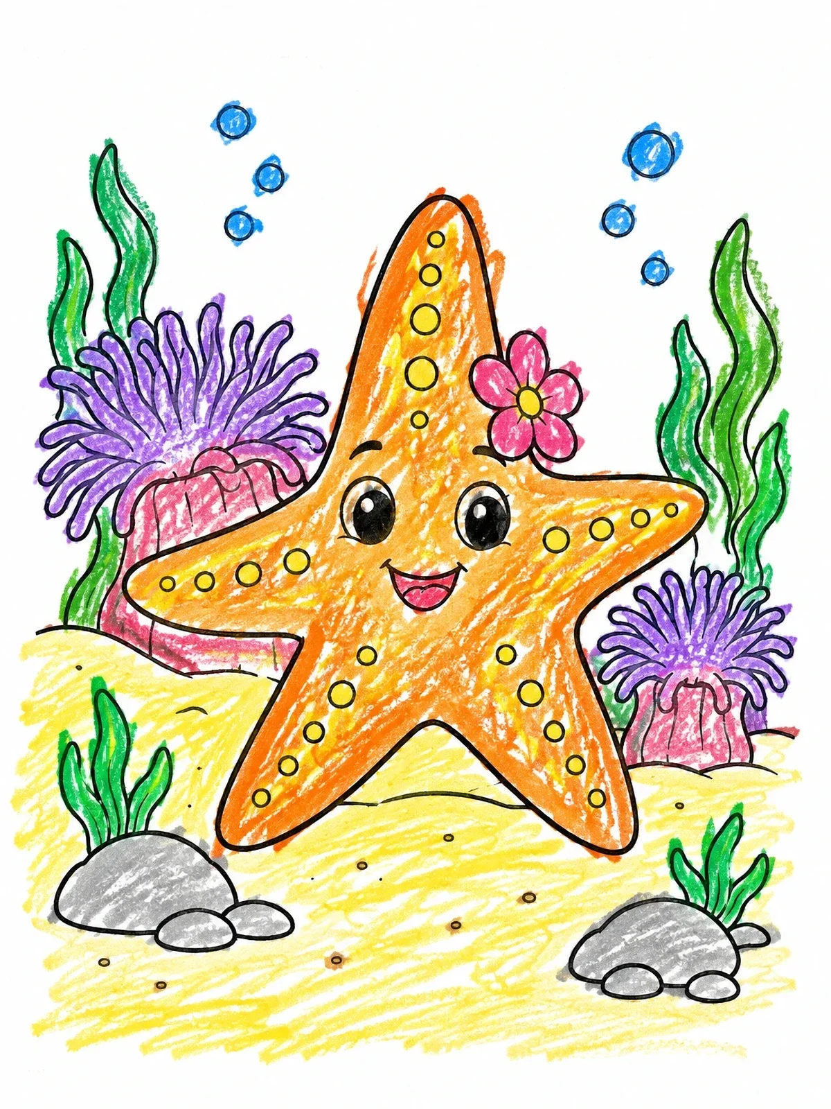 Colored example of the Cute Starfish With Flower Under The Sea coloring page