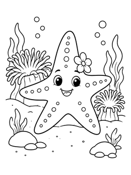 A friendly starfish coloring page with a flower accessory next to sea anemones.