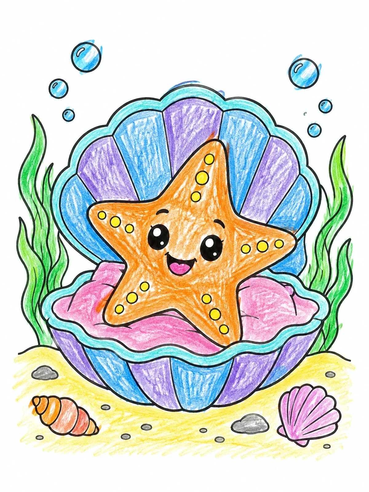 Colored example of the Cute Starfish In A Clam Shell coloring page
