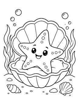 A cheerful baby sea star smiles inside an open clam in this cute starfish coloring page.