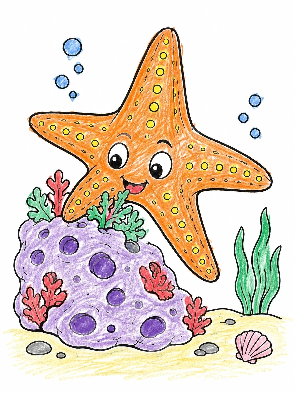 Colored example of the Cute Starfish On A Reef Rock coloring page
