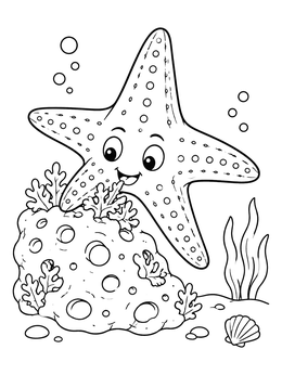 A cheerful cartoon sea star on this starfish coloring page resting on a porous coral reef.
