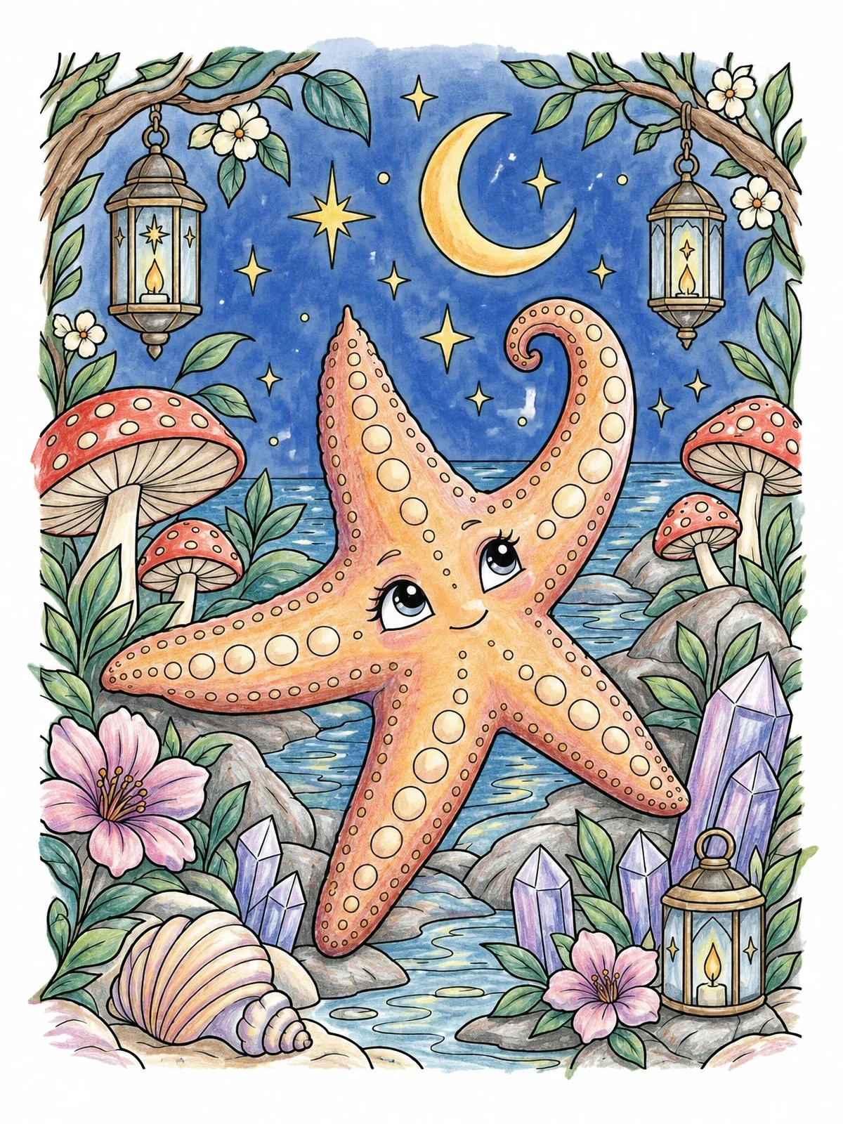 Colored example of the Cute Starfish Under Night Sky coloring page