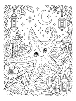A cheerful sea star shines under the crescent moon in this cute starfish coloring page.