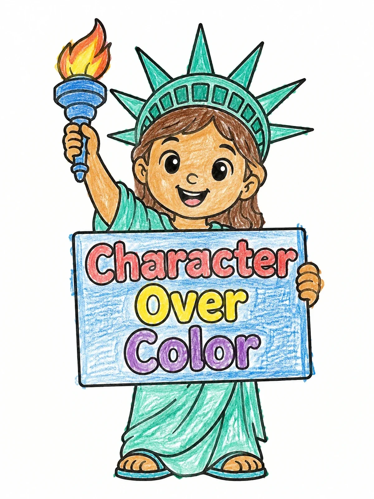 Colored example of the Cute Statue Of Liberty Holding Sign coloring page