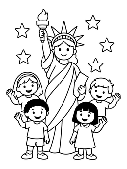 Free printable Statue Of Liberty With Happy Children coloring page