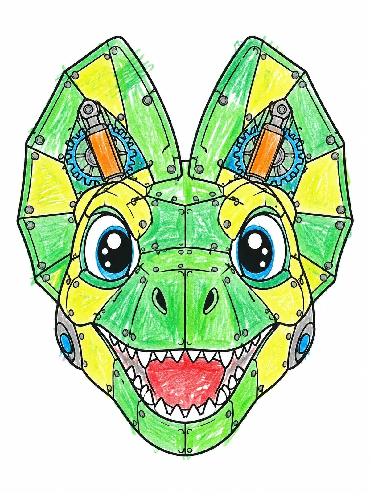 Colored example of the Cute Steampunk Dilophosaurus Robot Face coloring page