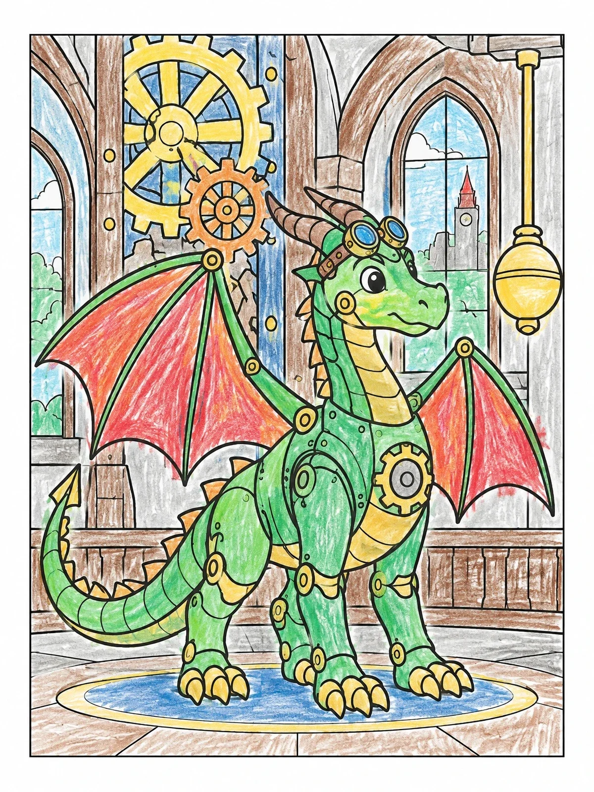 Colored example of the Cute Steampunk Dragon In Clock Tower coloring page