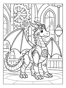 Free printable Cute Steampunk Dragon In Clock Tower coloring page