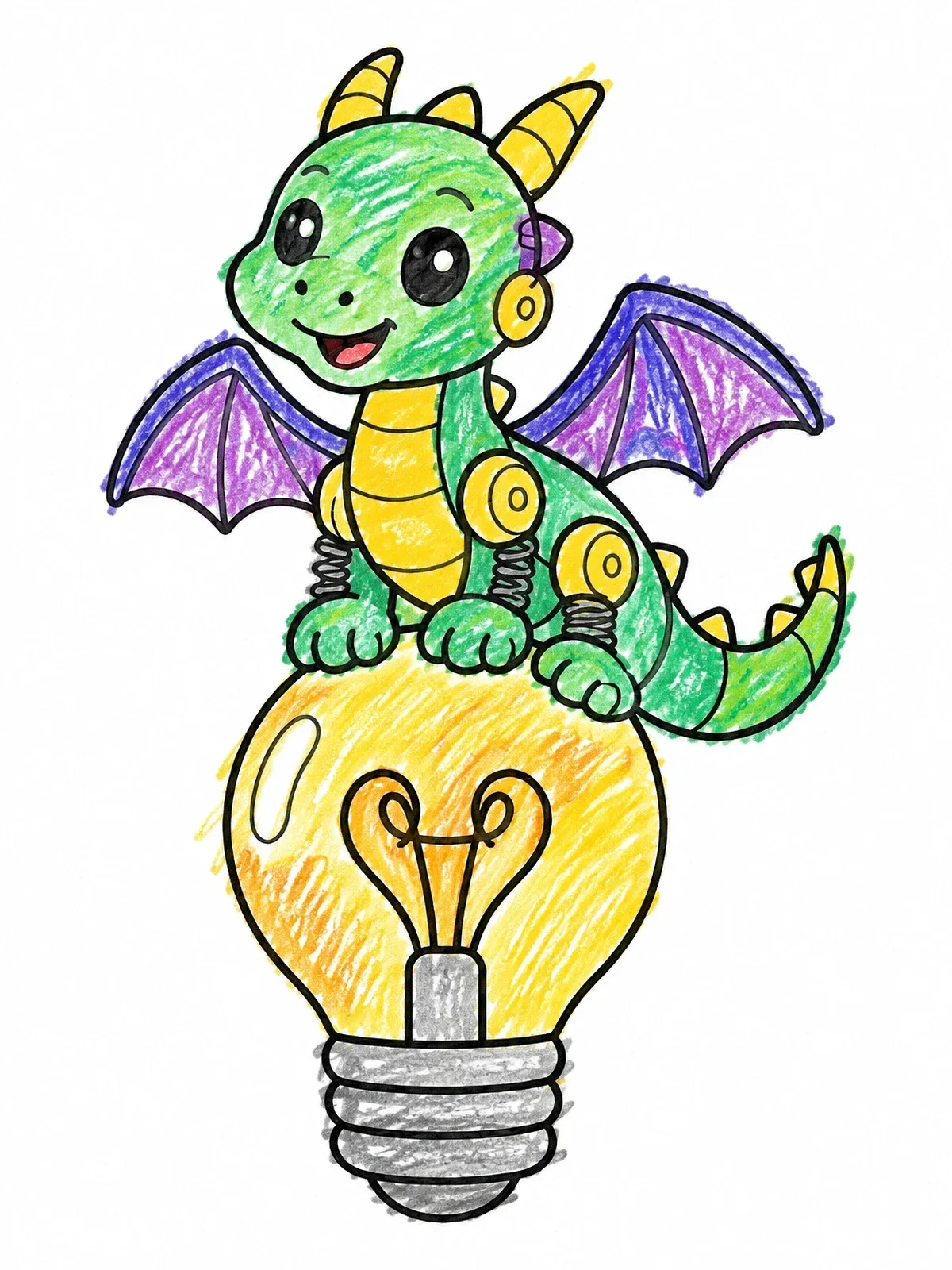 Colored example of the Cute Steampunk Dragon On Lightbulb coloring page
