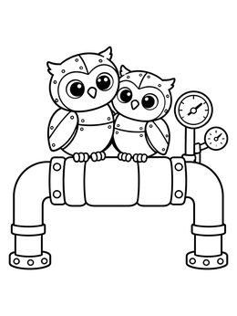 Free printable Cute Steampunk Owlets On Pipe coloring page